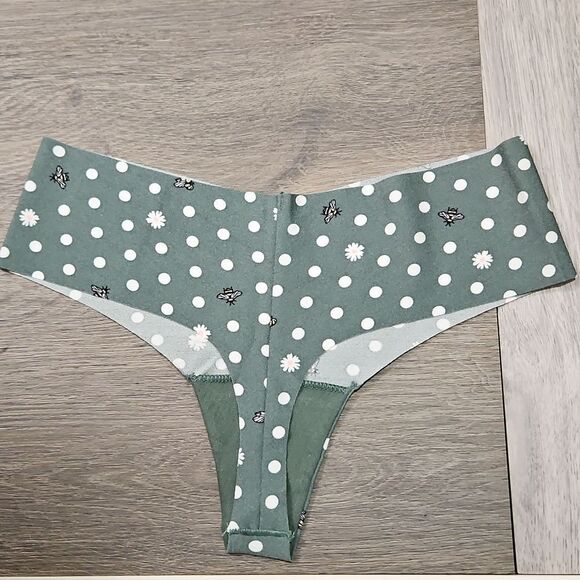 PINK Victorias Secret NO SHOW THONG FOREST GREEN POLKA DOTS & BEES New Small - Picture 10 of 14